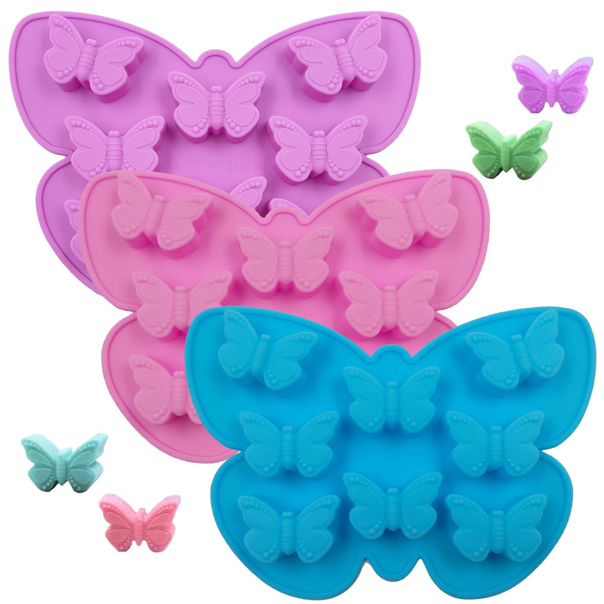 3 Pcs Silicone Butterfly Molds,Non-Stick Butterfly Shape Mold,Butterfly Chocolate Candy Molds,Butterfly Ice Cube Tray-Pink,Blue,