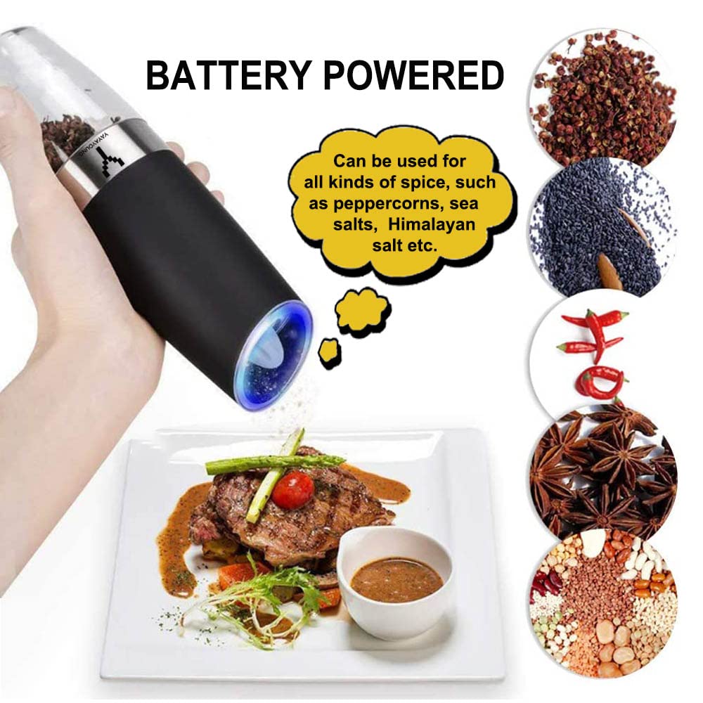 Yayayoung Gravity Electric Grinder Set Of 2,Automatic Pepper And Salt Mill Grinder With Blue Led Light,Electric Pepper Mill With