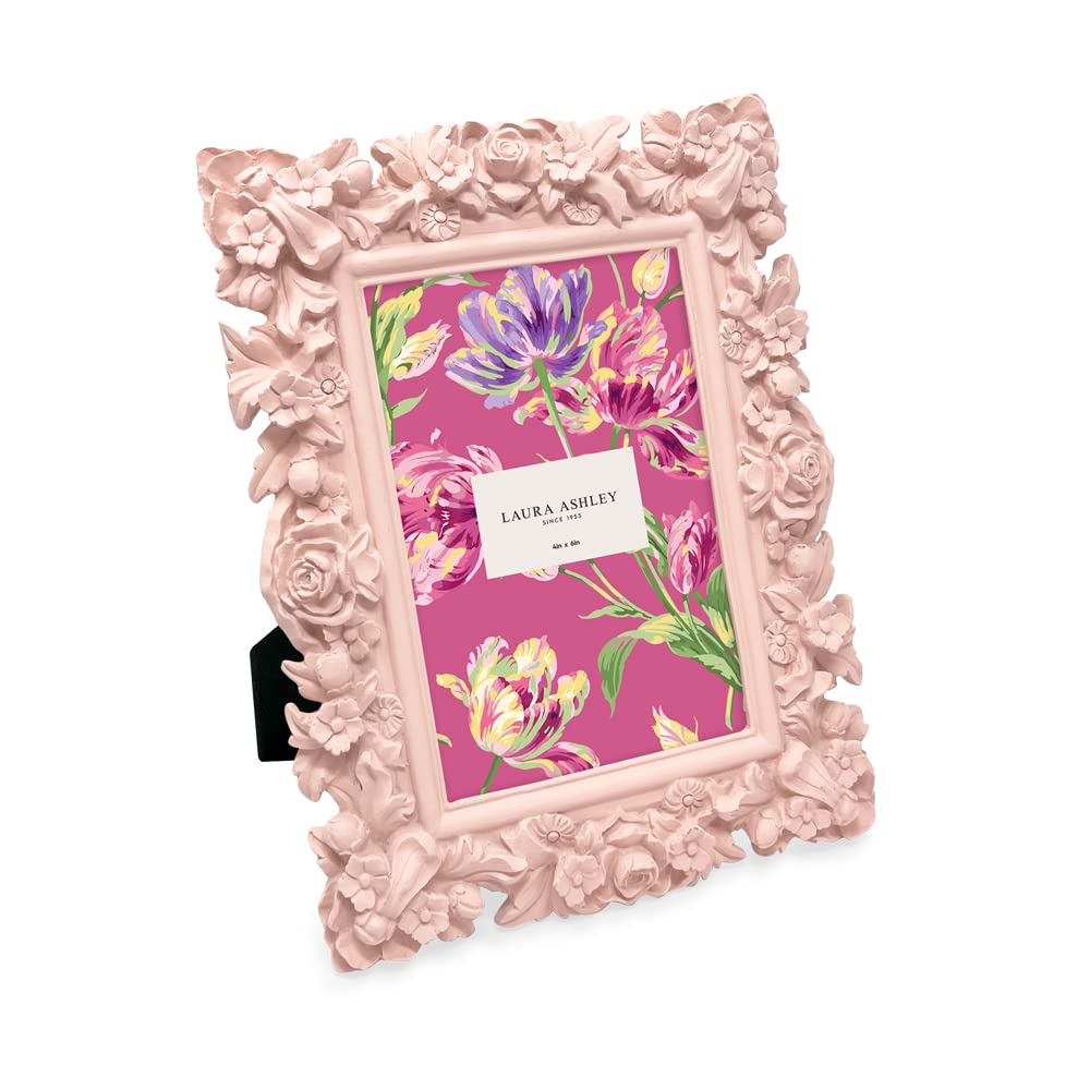 Laura Ashley 4x6 Pink Floral Textured Hand-Crafted Resin Picture Frame with Easel, for Tabletop & Wall Display, Decorative Flora