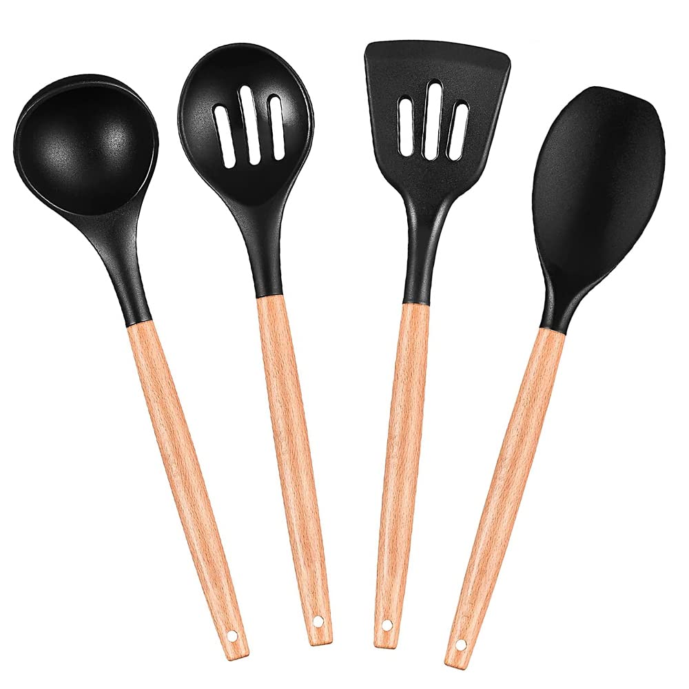 PPlus International 4Piece Spatula Set  Wooden Handle Kitchen Utensil Set  Ladle For Soup  Slotted Spoon For Cooking (Set O