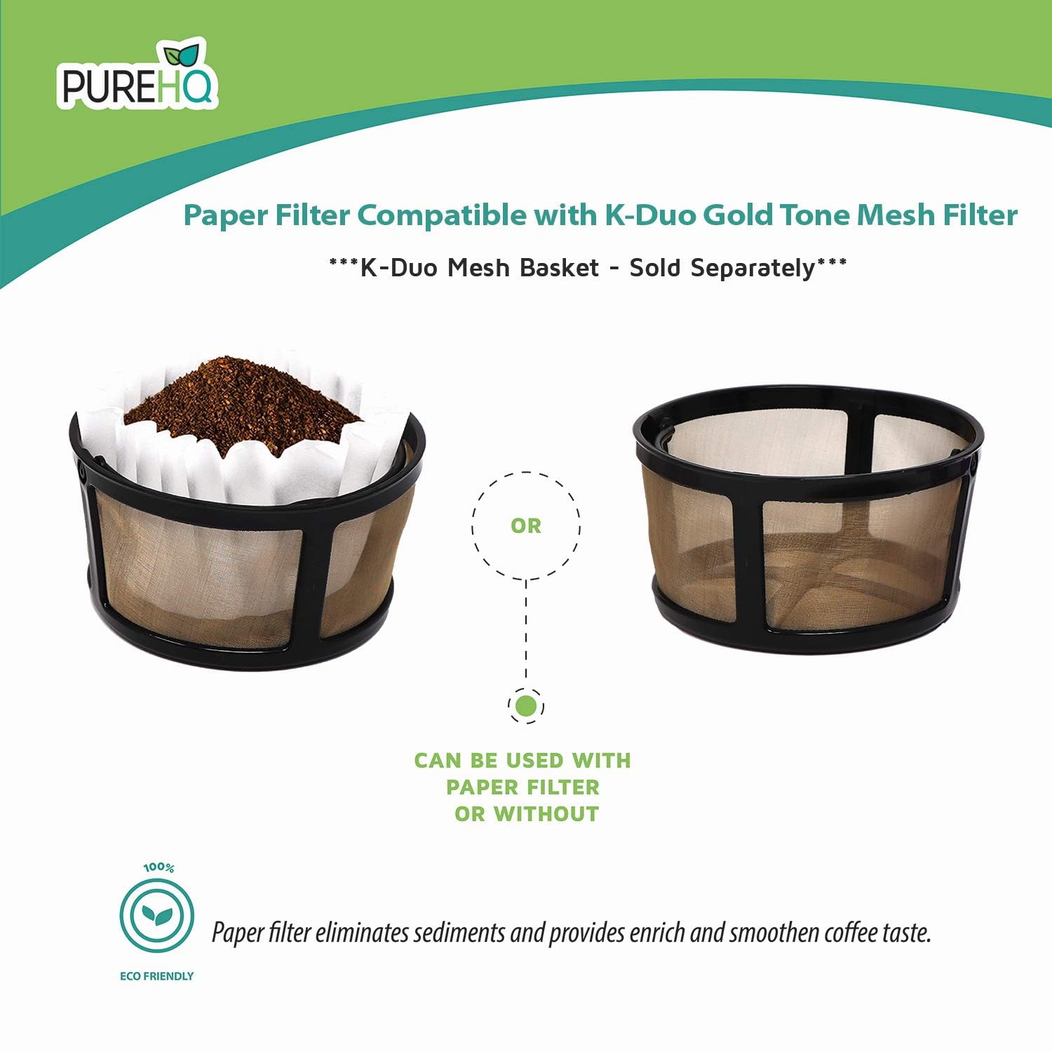 PureHQ Disposable Coffee Paper Filters for Keurig K-Duo Essential  K Duo Brewer  and K-Duo Plus Carafe Coffee Makers - Fits K-Duo Gold Tone Mesh Filter Basket Carafe - Coffee Sediment-Free (100 Pack)