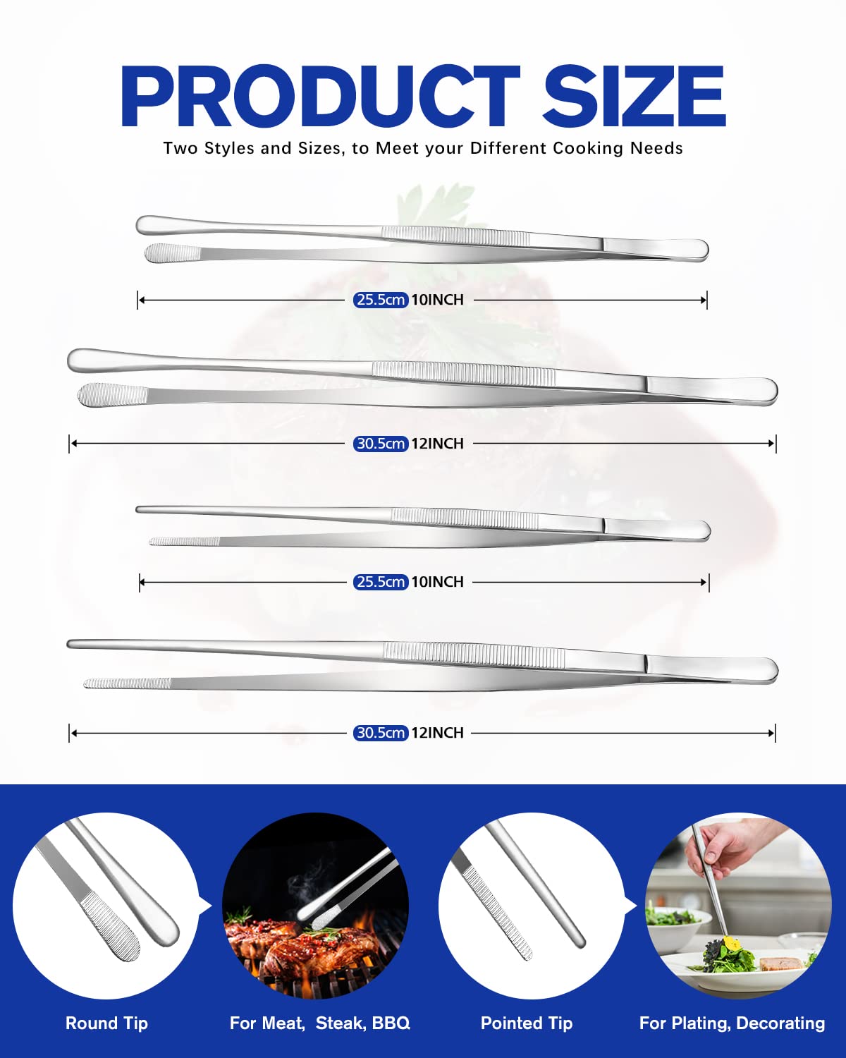 4 Pcs Fine Long Tweezer Tongs Professional Black, 12'' And 10'' Stainless Steel For Kitchen, Food, Cooking, Repairing, Sea Food