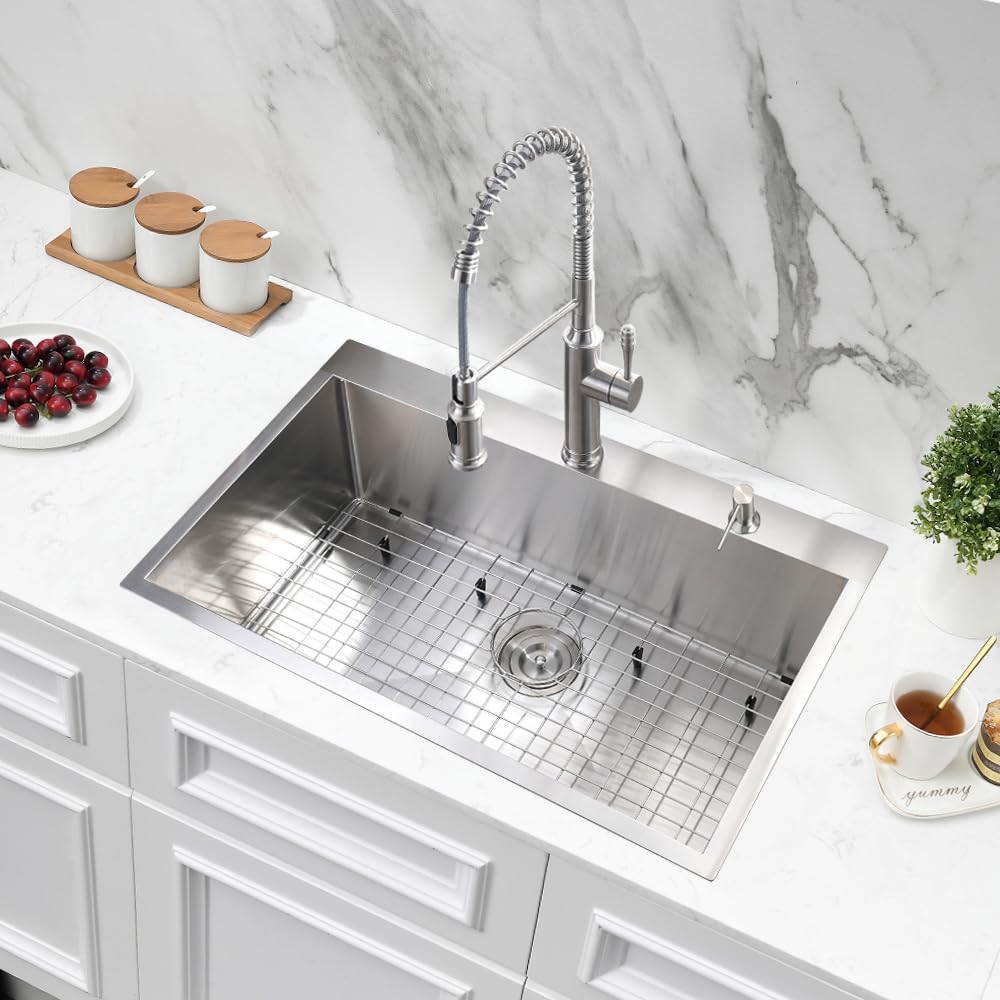 Jshozzy 28 Inch Drop In Kitchen Sink, 28'' X 19'' Kitchen Sink Drop In Single Bowl Deep Kitchen Sink 16 Gauge Stainless Steel Ki