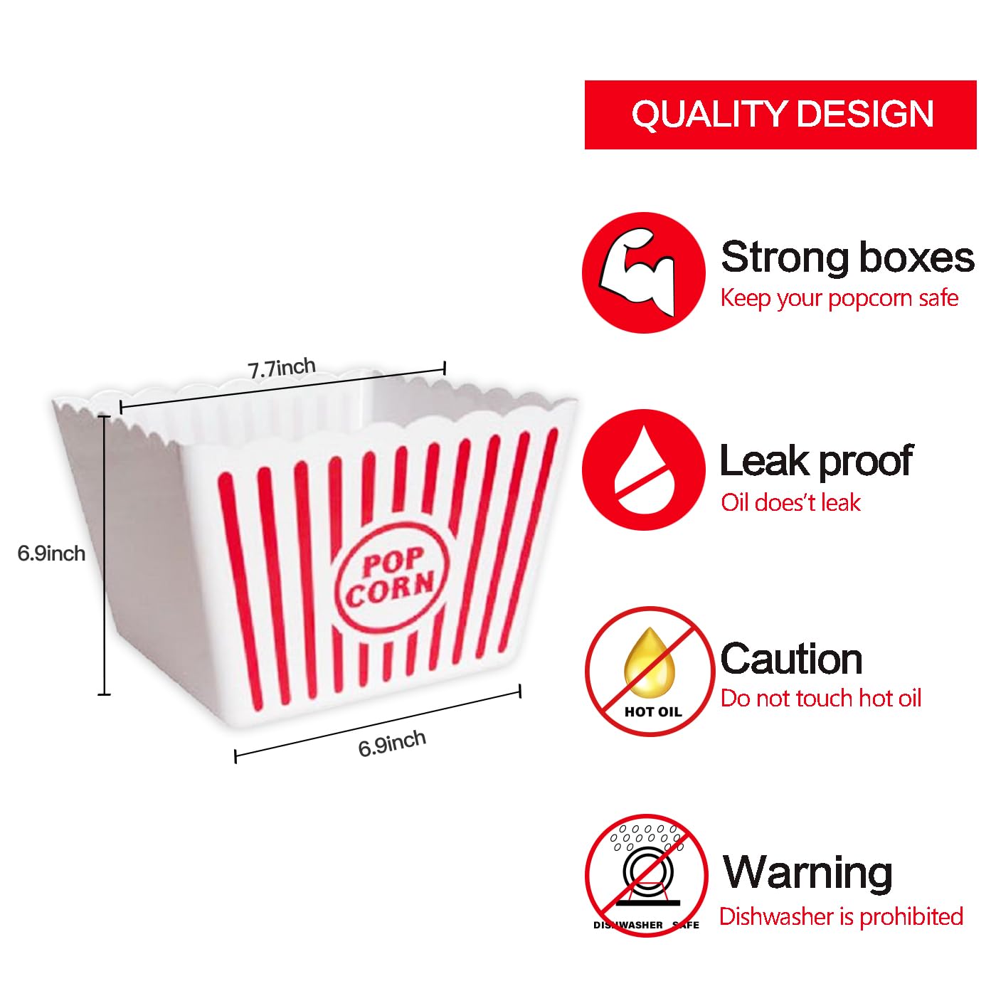 Novelty Place Plastic Popcorn Bowl, Red & White Striped Classic Popcorn Containers For Movie Night - 8 '' Square X 7 '' Deep (1