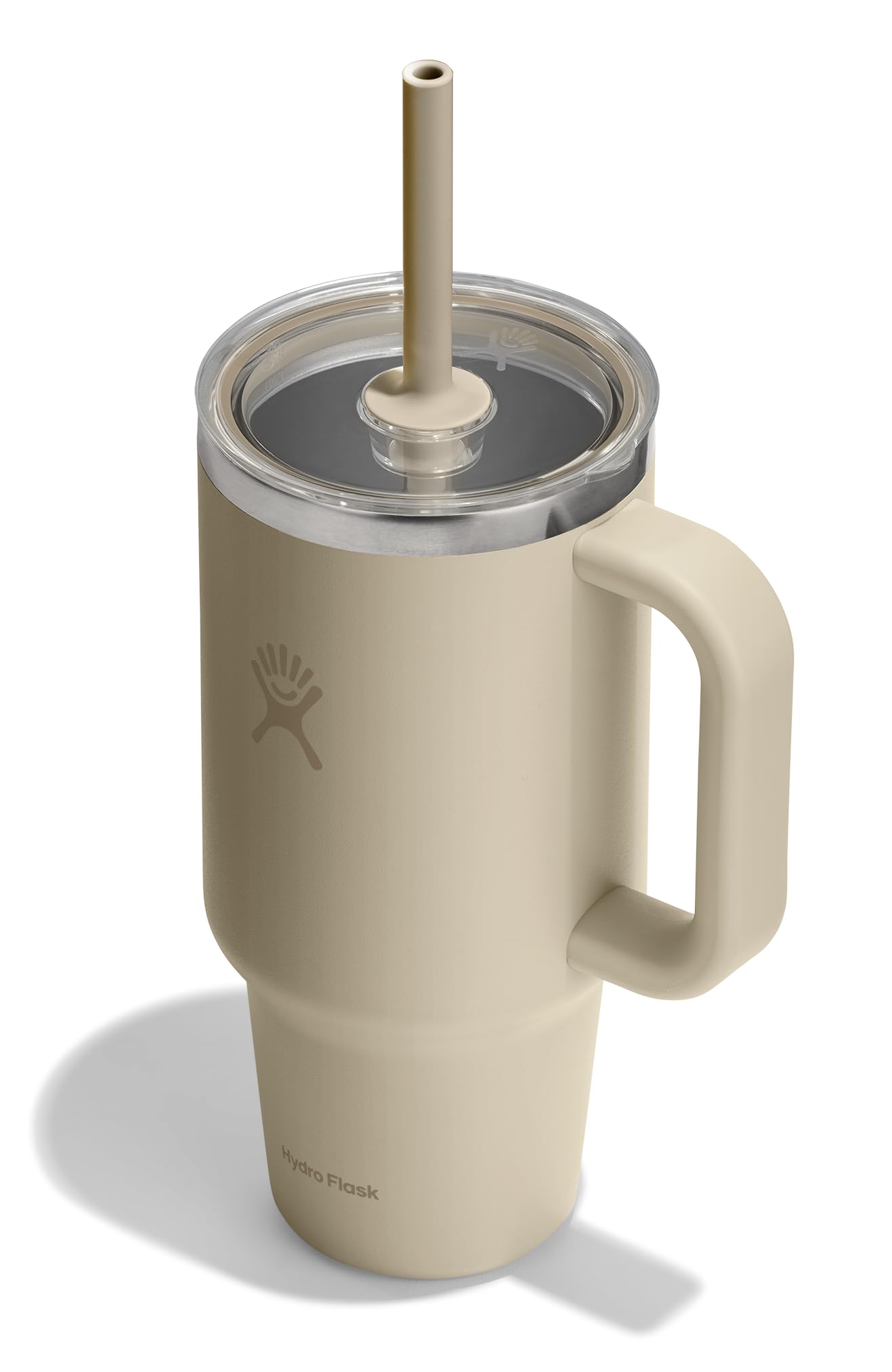 Hydro Flask 32 Oz Travel Tumbler with Handle, Clear Lid and Straw - Insulated Stainless Steel in 32 Oz Oat Tan