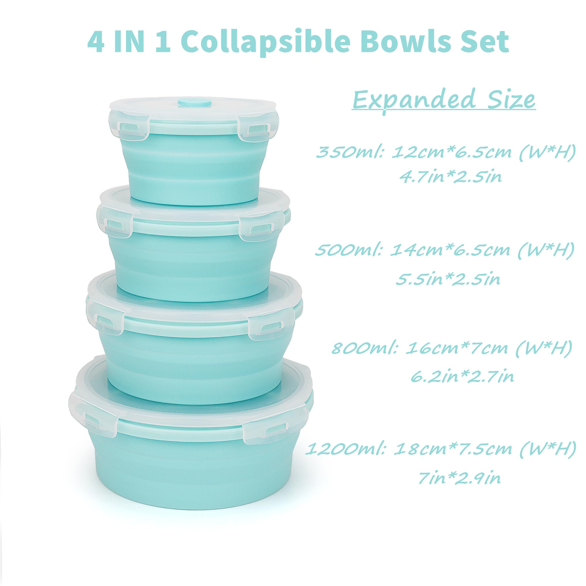 Cartints Silicone Collapsible Food Storage Containers-Prep/Storage Bowls With Lids - Set Of 4 Round Silicone Lunch Containers -