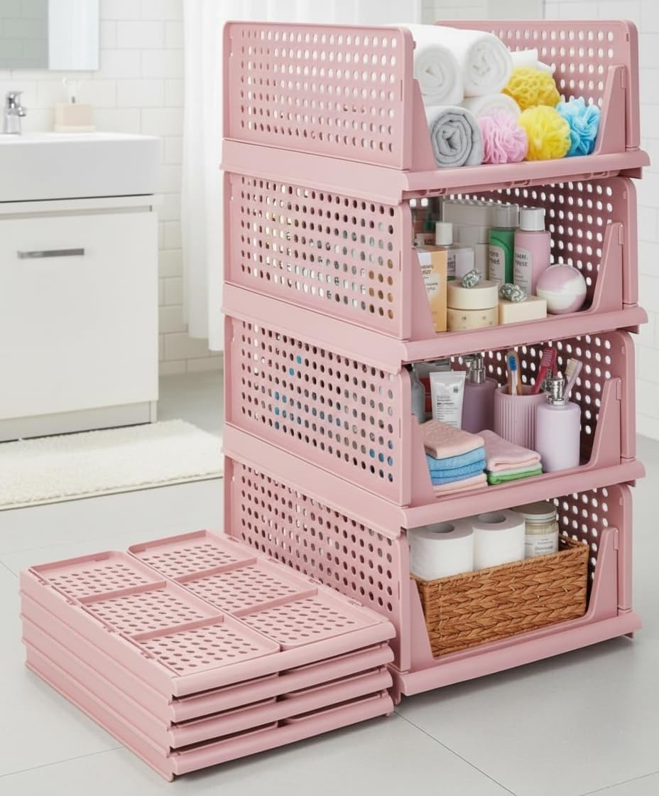 Spaceorganizer Collapsible Wardrobe, Storage Drawer Units, Clothes Drawer Organisers, Bookcases (Foldable BasketPeach, 5Pcs)