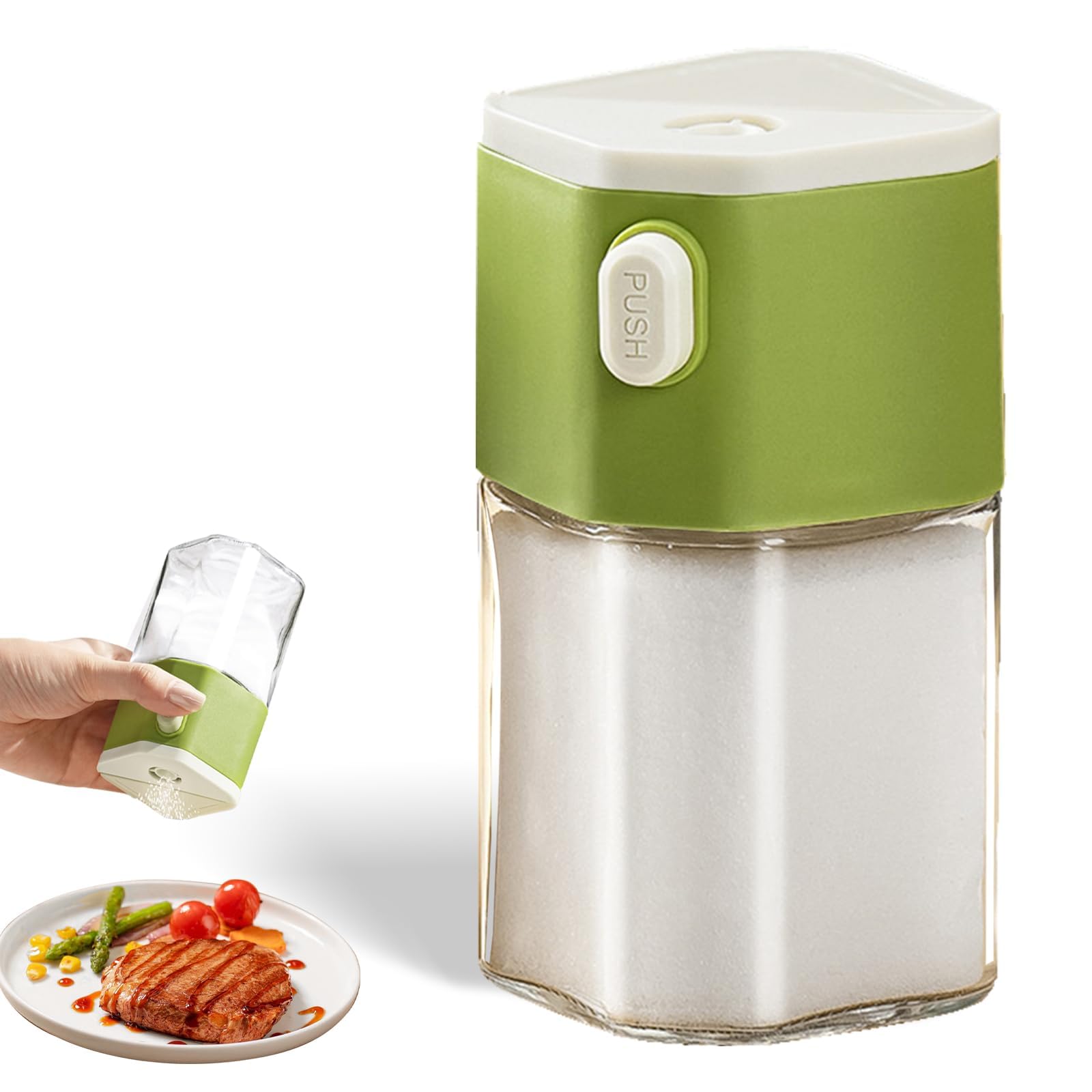 Kolorful Push Button Salt Dispenser Shaker With Glass Container (Green)