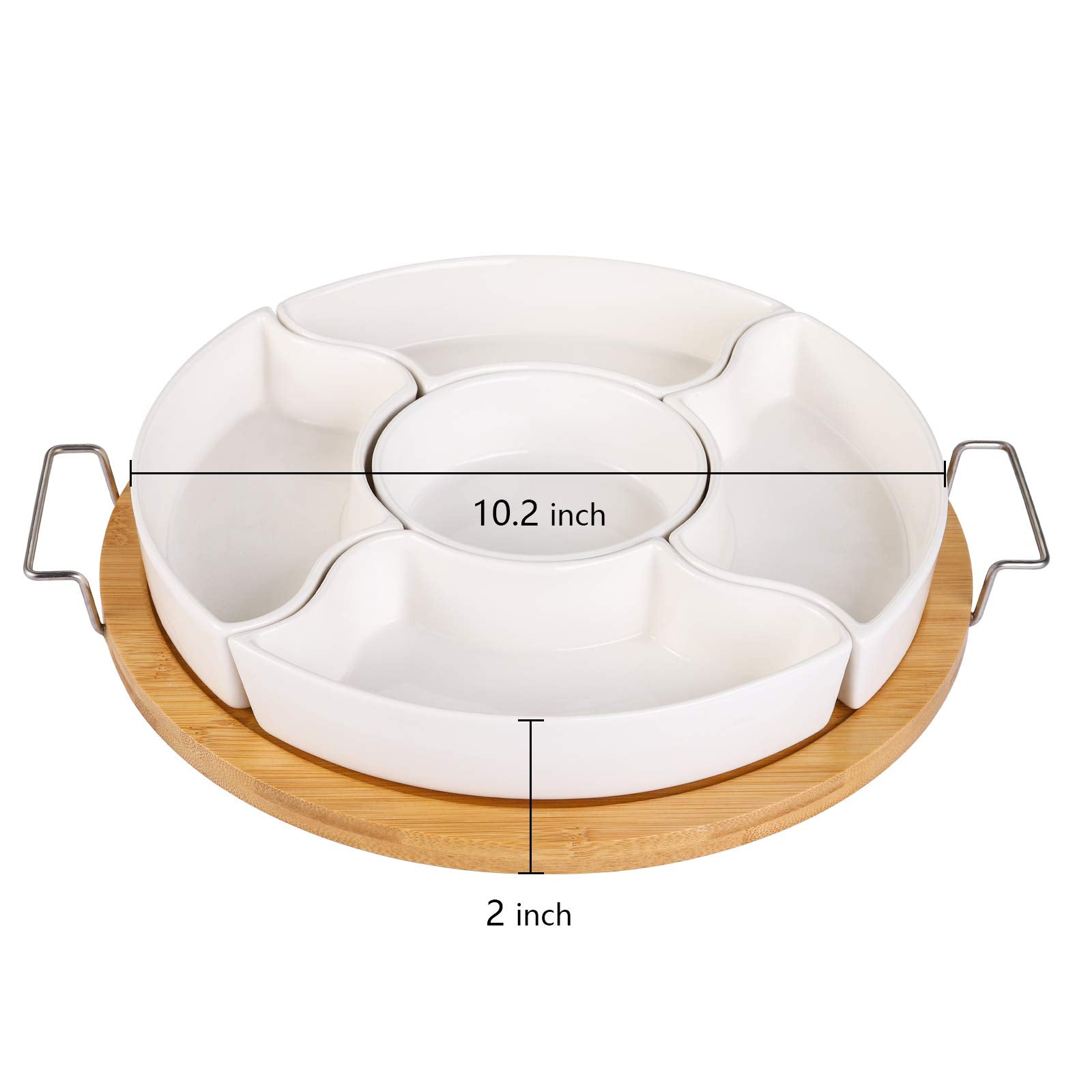 Yarlung 11 Inch Ceramic Divided Serving Dishes With Bamboo Platter, Appetizer Tray 5 Removable Snacks Bowls For Candy And Nut, C