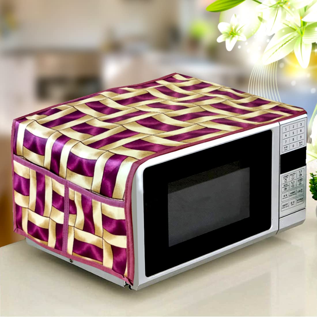 Kanushi Industries Microwave/Oven Top Cover With 4 Utility Pockets (Var-Micro-Purple-Golden-Line-01)
