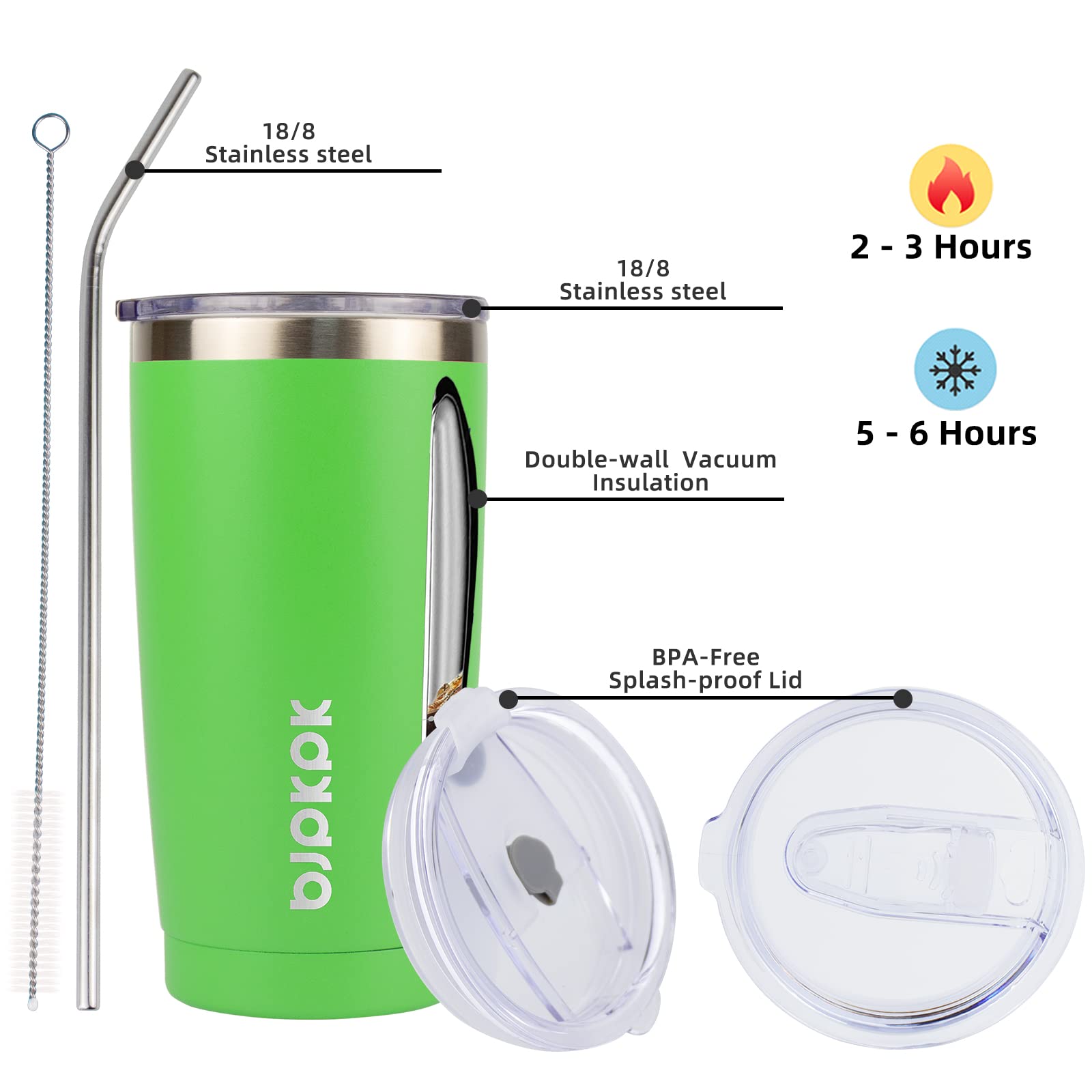 Bjpkpk 20Oz Tumbler With Lid And Straw Stainless Steel Tumbler Cup Vacuum Insulated Double Wall Travel Coffee Mug,Green
