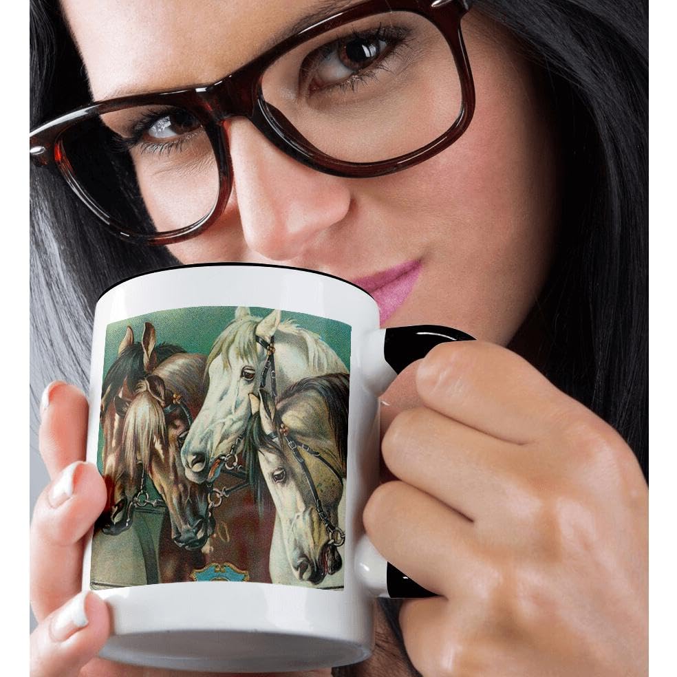 3dRose Vintage Four Horses Artwork Two Tone Mug, 11 oz, Black