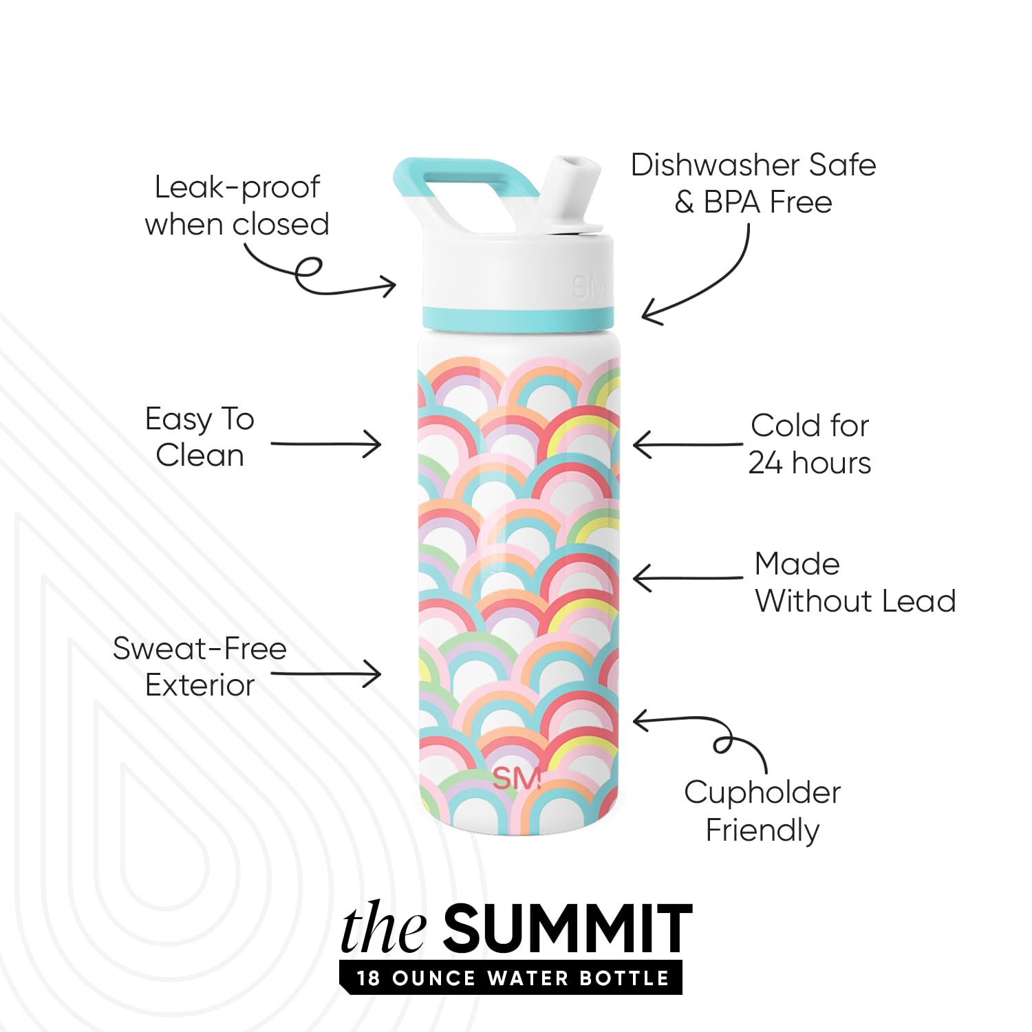Simple Modern Kids Summit Water Bottle with Straw Lid | 18oz Stainless Steel Cup Insulated Tumbler for Toddlers, School | Rainbo