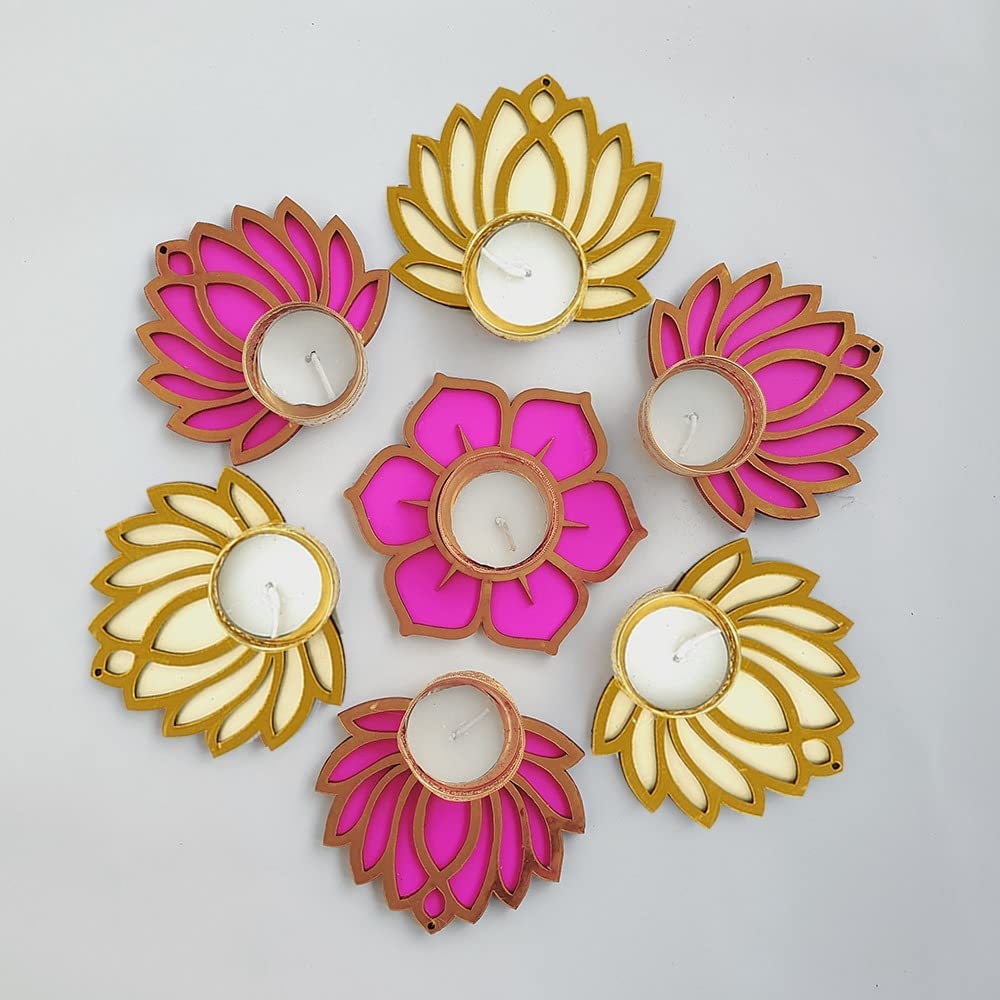 GIFT JAIPUR Handmade 7 Pc Pink & Cream Lotus Flower Diya Rangoli Candles with Wax for Diwali Ganesh Chaturthi Laxmi Pooja Home T