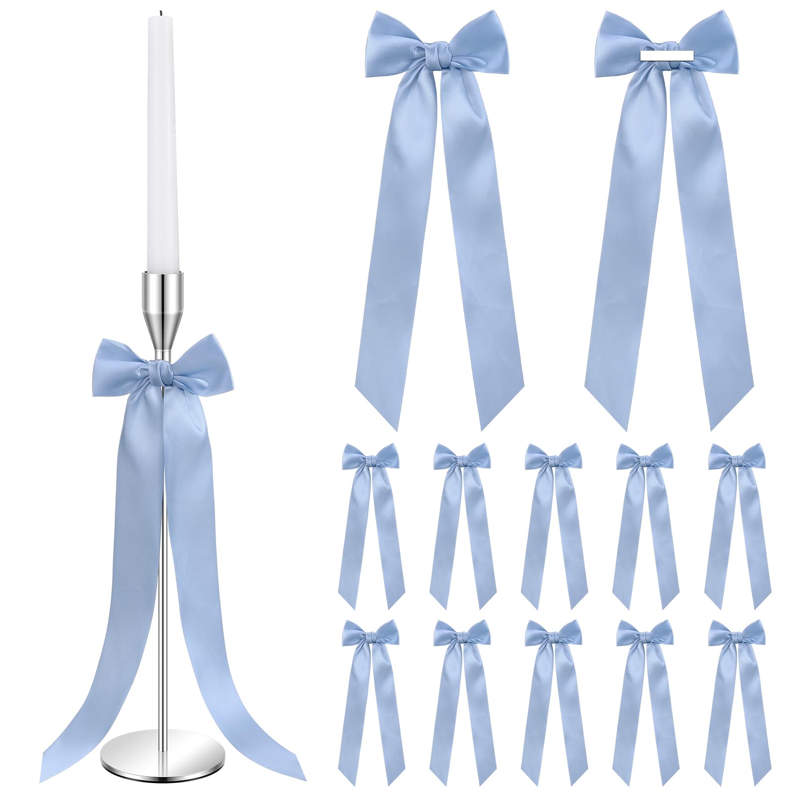 Teenyyou 12 Pcs Dusty Blue Candlestick Bows Decor 13 Inch Large Coquette Decorations Bows for Table Self Adhesive Candle Holder 