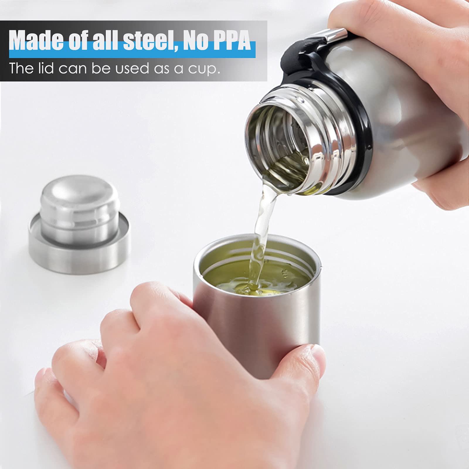 Insulated Vacuum Thermo Bottle 1500Ml/50.7Oz With Cup Stainless Steel Coffee Bottles For Hot And Cold Drink Water Flask.(Silver,