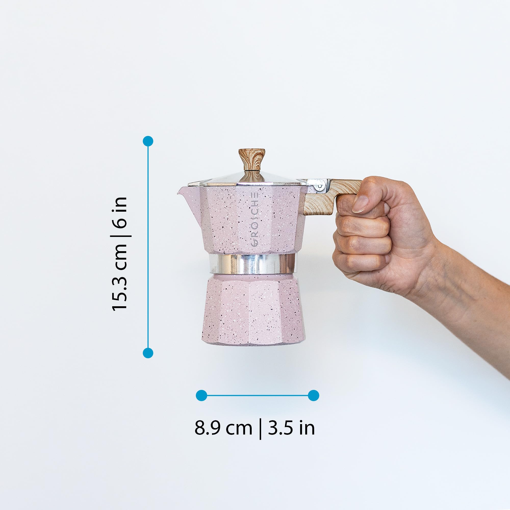 GROSCHE Milano Moka pot  Stovetop Espresso maker  Greca Coffee Maker  Stovetop coffee maker and espresso maker percolator (Pink  3 cup)