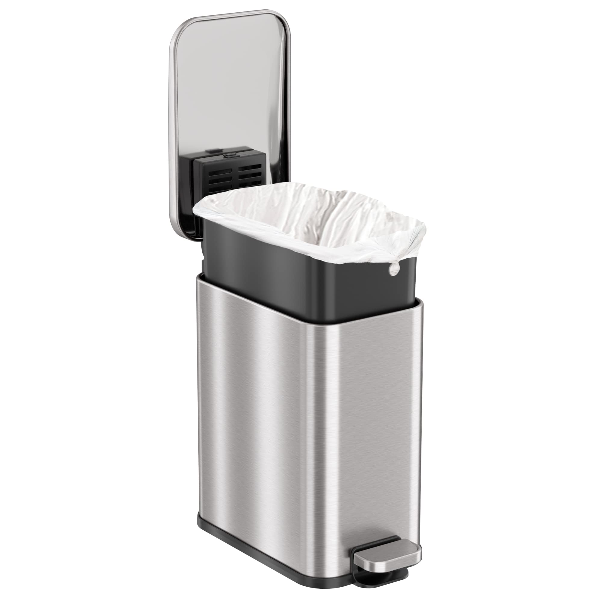 iTouchless SoftStep 1.3 Gallon Small Slim Bathroom Step Trash Can with Removable Inner Bucket & AbsorbX Odor Filter  Stainless Steel  5 Liter Garbage Bin  Bathroom  Bedroom  Business Office Cubicle