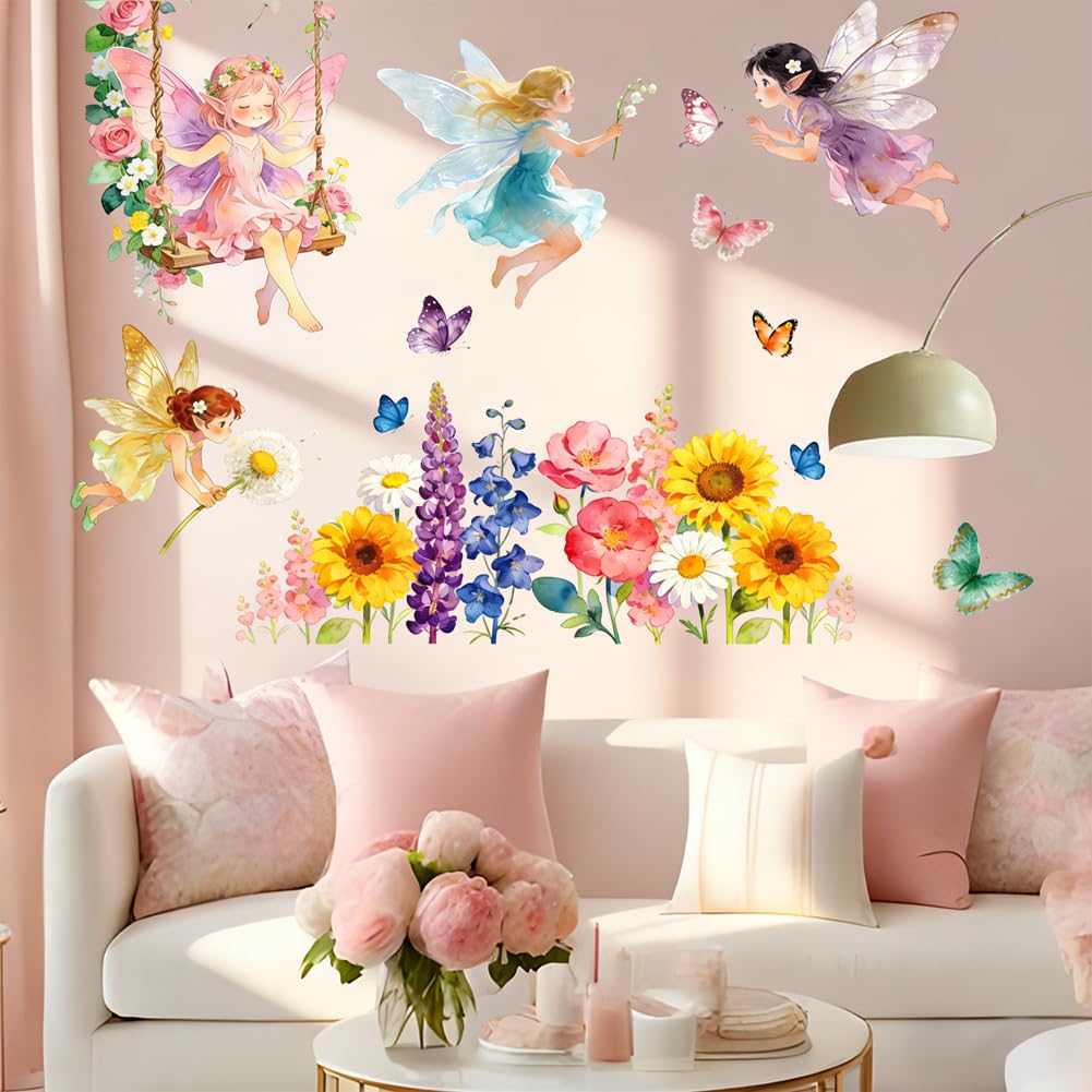 PRESSINART Flower Fairy Wall Decals 15.8 x 23.6 Inch Self Adhesive Design, Butterfly Floral Wall Stickers Peel and Stick Removab