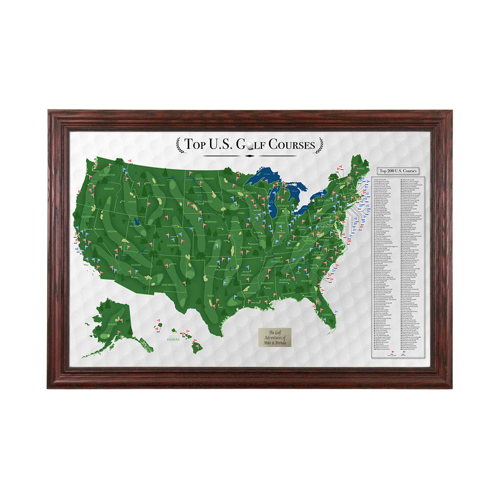 Personalized Top Golf Courses Usa Map - Solid Wood Cherry Red Frame - 27.5 Inches X 39.5. Inches - Golf Course Map - Track Your