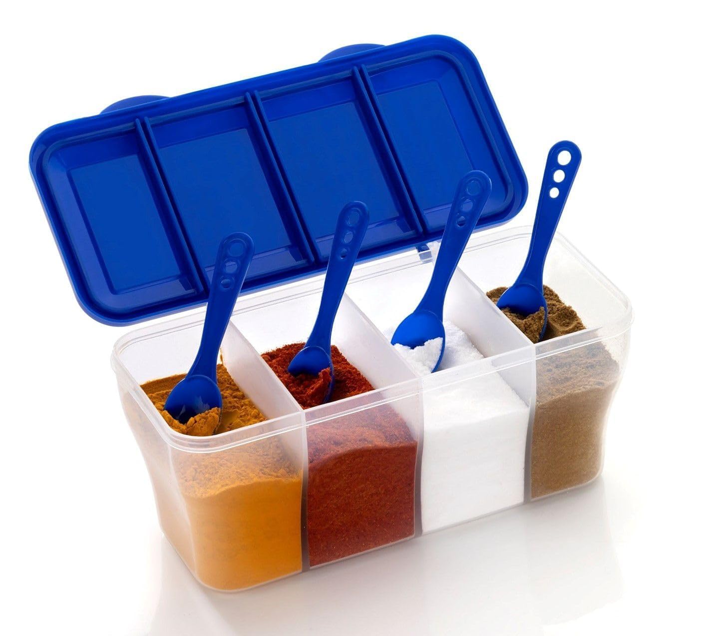 VIDA PRODUCTS 4 in 1 Compartment Masala Box with Lid and Spoon Set, Plastic Spice Storage Container Multipurpose Kitchen Organiz