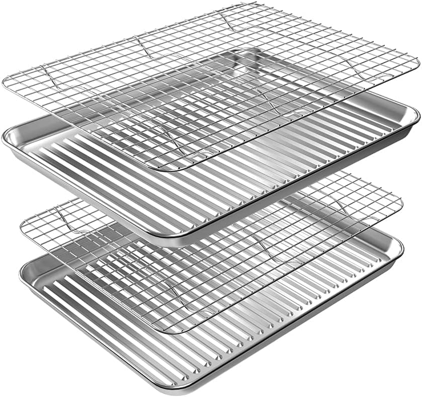 Rottay Quarter Baking Sheet Pan With Wire Rack Set [2 Pans + 2 Racks], Stainless Steel Cookie Sheet For Oven, Warp Resistant & H