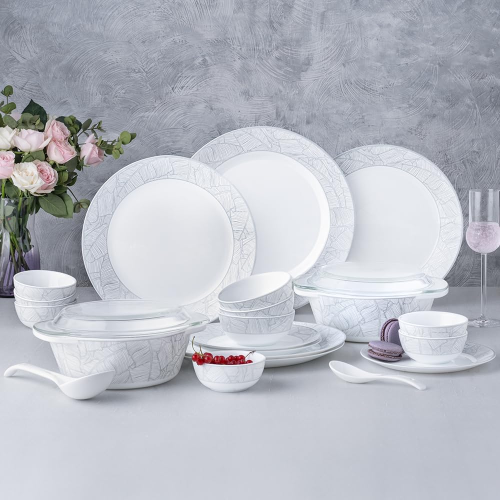 Larah By Borosil Premia Series Ivy Opalware Dinner Set | 37 Piece For Family Of 6 | Microwave & Dishwasher Safe | BoneAsh Free 
