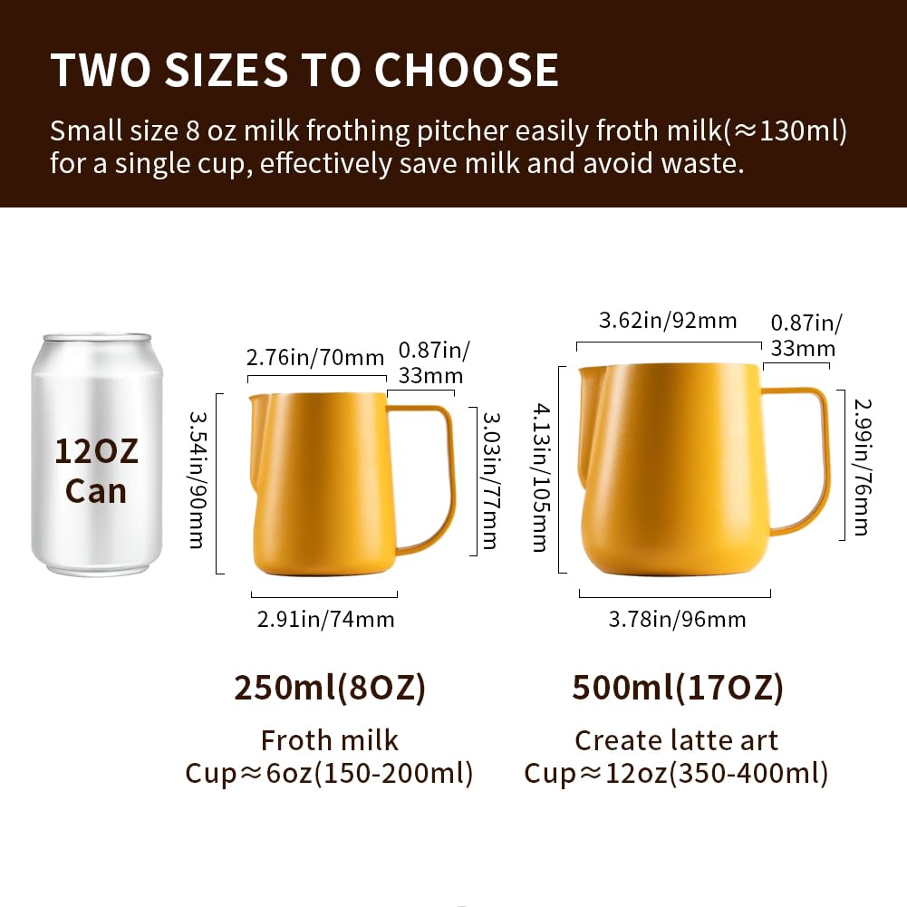 Watchget Milk Frothing Pitcher 250Ml/8Oz Espresso Steaming Pitcher With Matte Yellow Coating Stainless Steel Milk Steamer Jug Mi