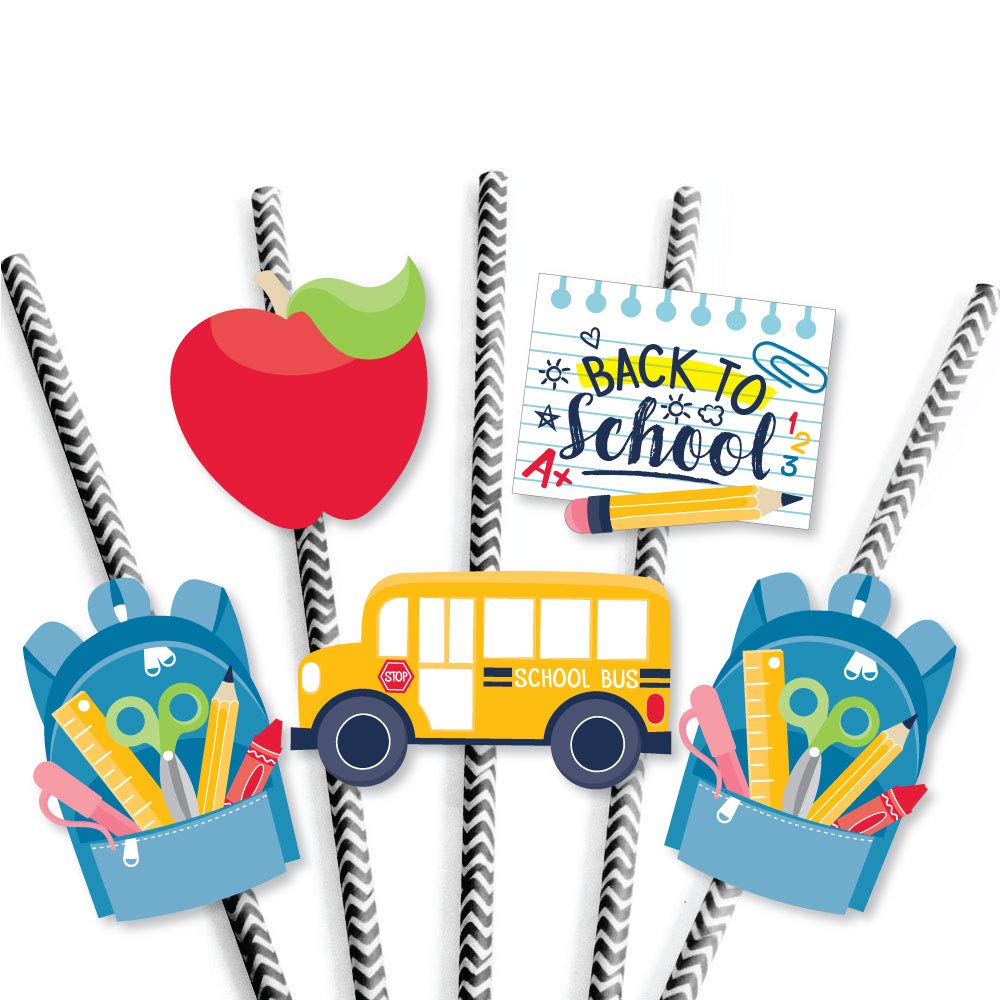 Big Dot Of Happiness Back To School - Paper Straw Decor - First Day Of School Classroom Striped Decorative Straws - Set Of 24