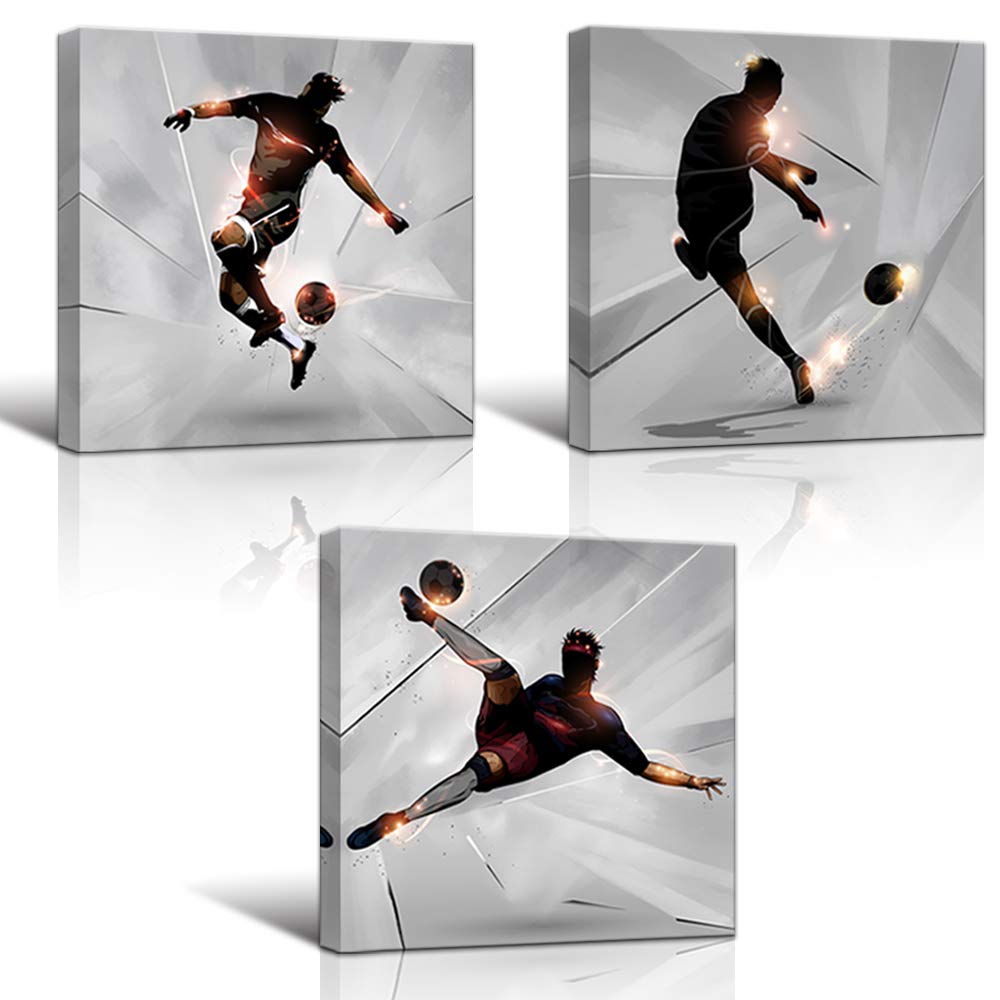 Klvos 3 Piece Soccer Wall Art For Teen Boys Abstract Sports Themed Picture Giclee Print On Canvas Kids Room Decor Football Art G