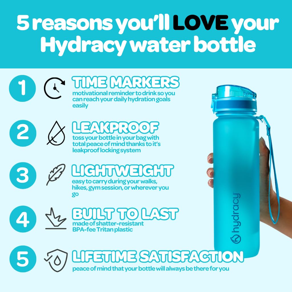 Hydracy Water Bottle with Times to Drink & Straw - Large 32 Oz BPA Free Motivational Water Bottle & No Sweat Sleeve -Leak Proof Gym Bottle with Time Marker - Ideal Gift for Fitness  Sports & Outdoors