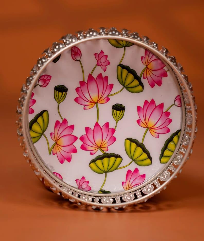 Design Magnifique Pichwai Tray Wedding Return Gift Set Diwali Puja (Lotus, 8 Inch)