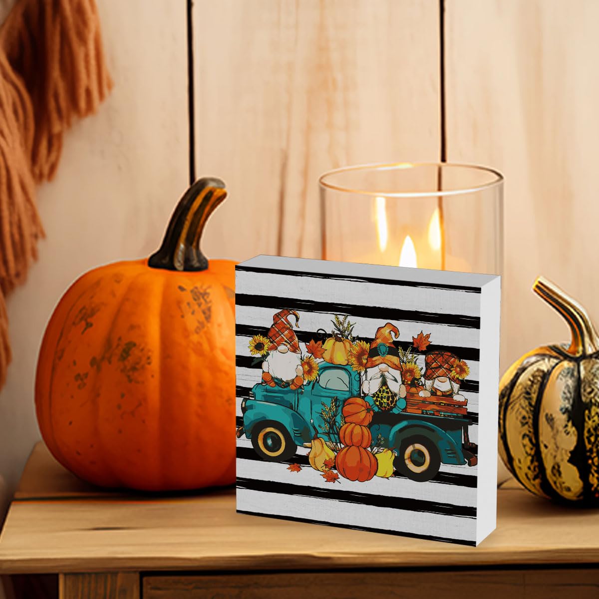 Rustic Fall Gnomes Truck Pumpkin Sign Fall Decorations for Home Office Indoor Fall Desk Decor for Bathroom Bedroom Autumn Thansg