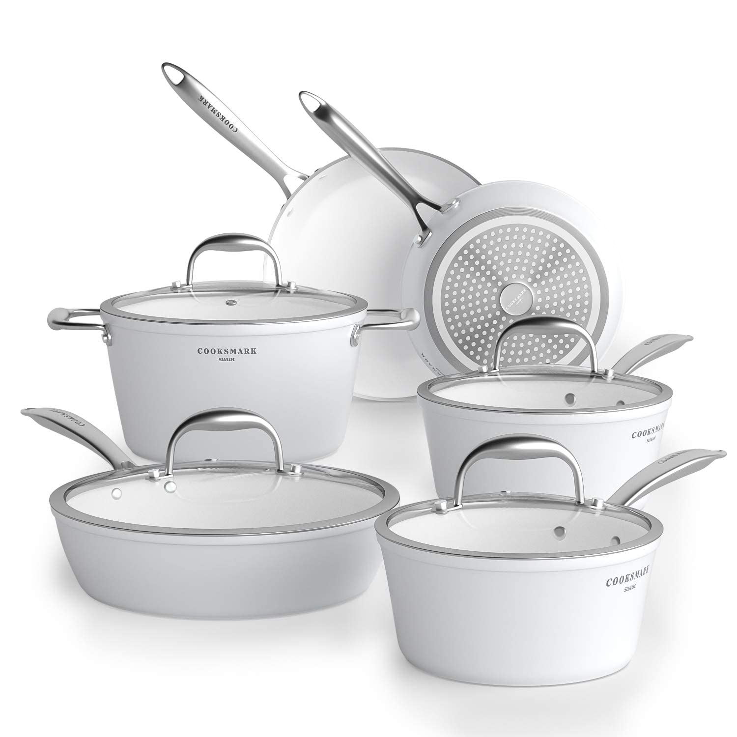 COOKSMARK Nonstick Ceramic Cookware Set, 10 Pieces White Pots and Pans Set with Glass Lids & Stainless Steel Handles, Induction 