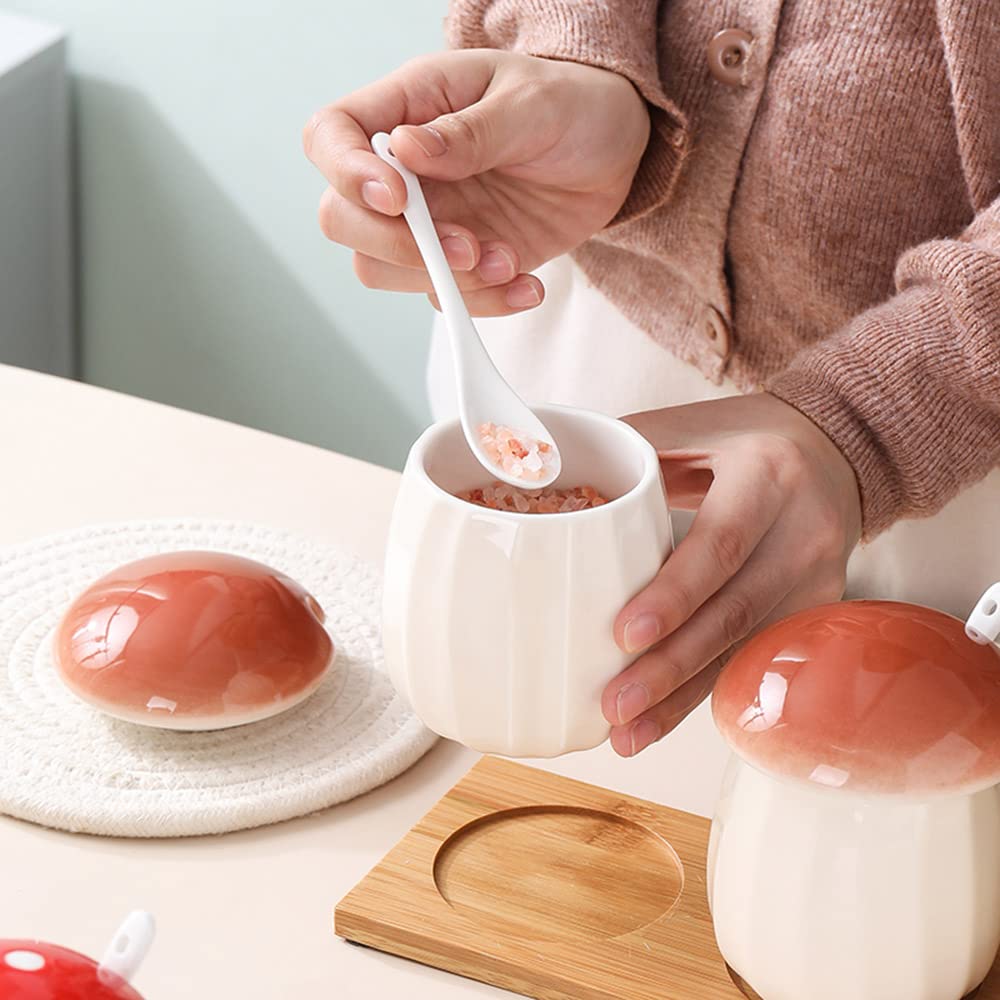 Mozacona Ceramic Mushroom Shape Sugar Bowl Spice Jar Seasoning Pot With Lid Spoon