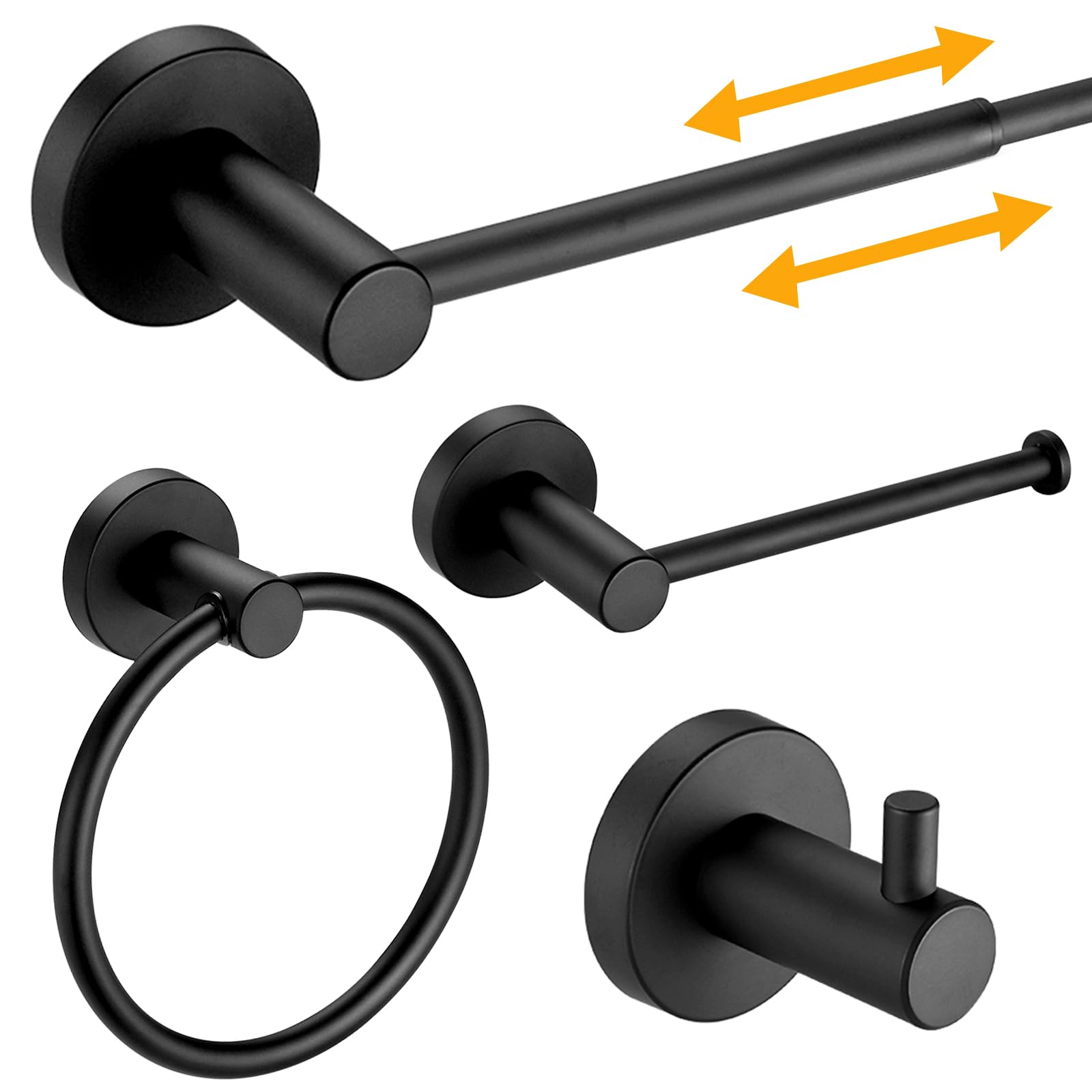 BESy 4 Piece Bathroom Accessories Set (Adjustable 16 to 26 Inch Towel Bar Rod  Towel Ring  Toilet Paper Holder Towel Hook)  Wall Mounted Bath Hardware Fixtures Set Stainless Steel/Matte Black