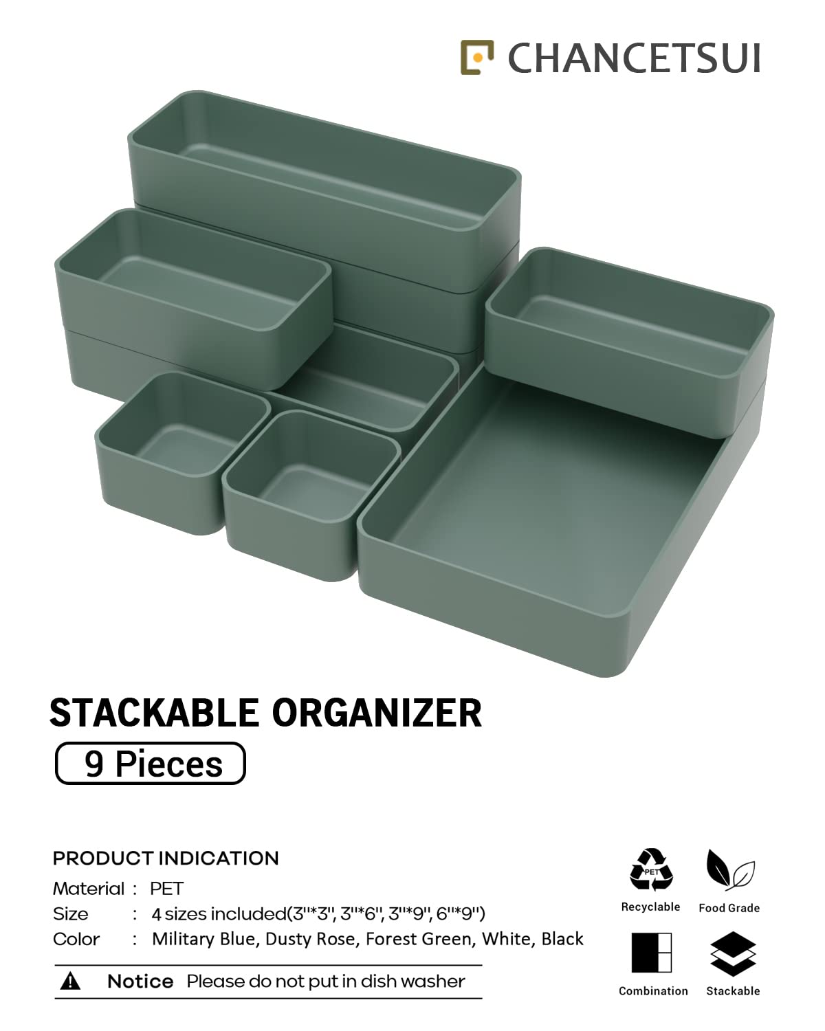 CHANCETSUI 9 Pcs Stackable Drawer Organizer Trays Set, Green, Multifunctional Storage for Vanity, Bathroom, Kitchen, Desk Drawer