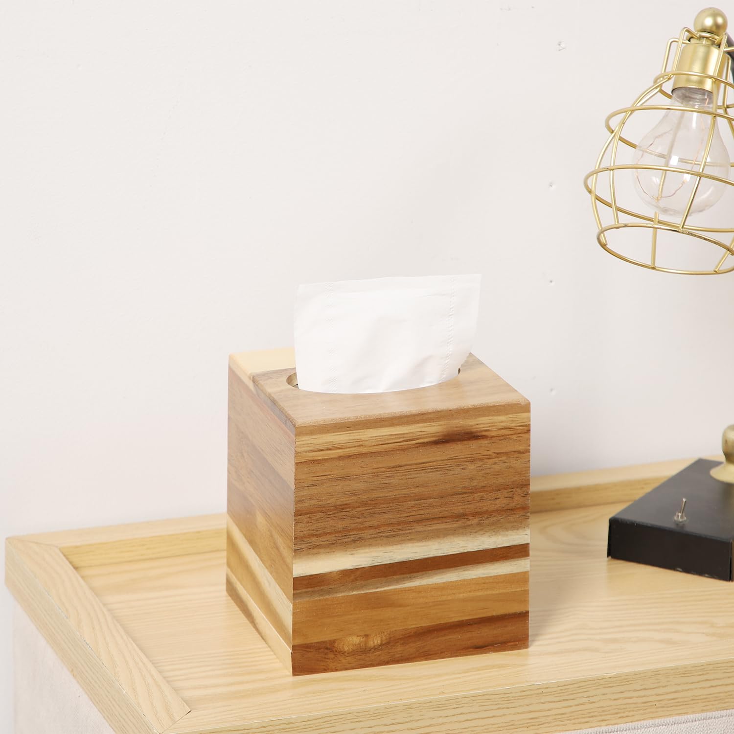 Catory Tissue Box Cover, Acacia Wood Tissue Box Cover Square, Rustic Tissue Box Holder Covers Your Tissues, Decorative Tissue Cu