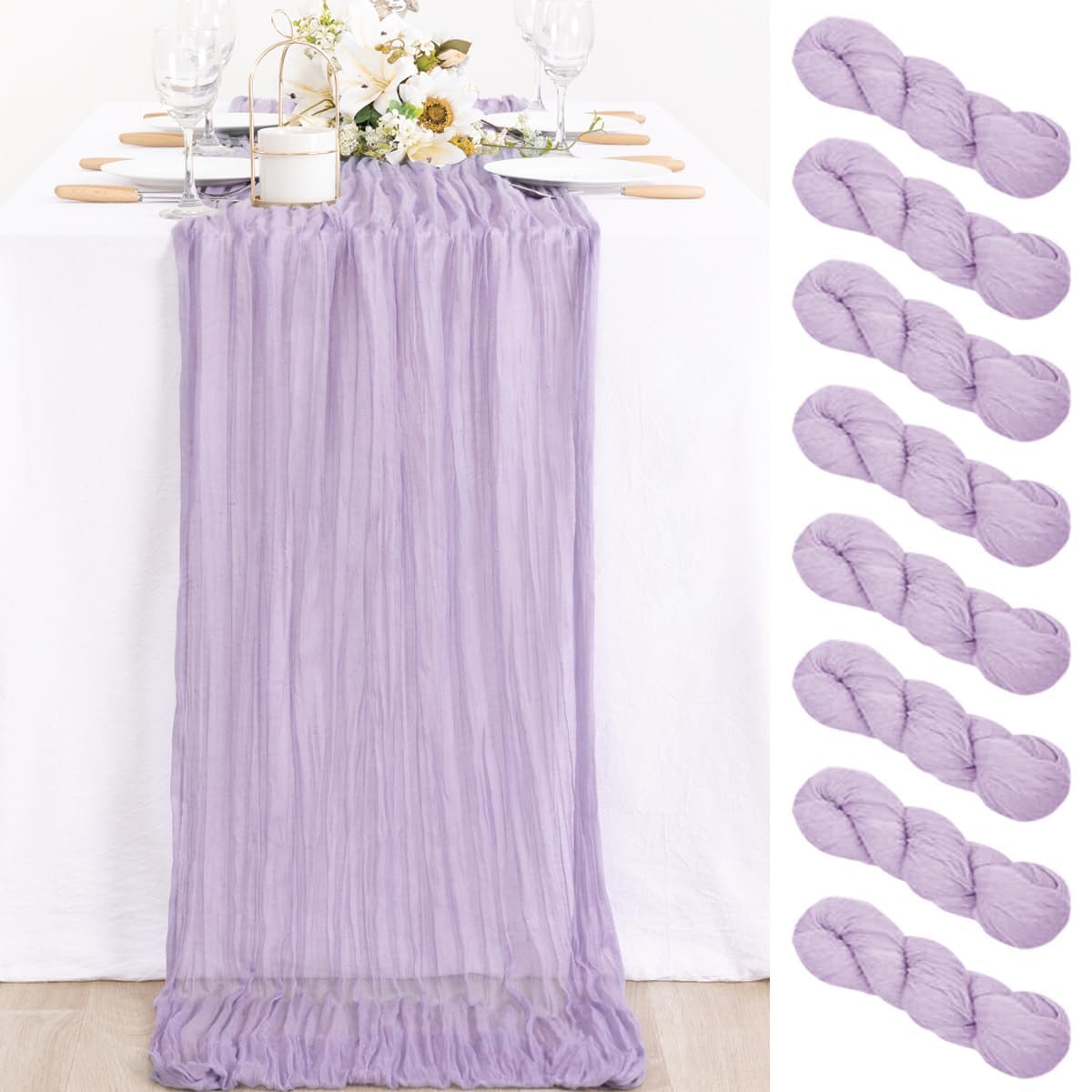 MLMC 8 Pack Lilac Purple Table Runner 10ft Rustic Lavender Cheesecloth Table Runner 35x120 Inches Gauze Cheese Cloth Decor for F
