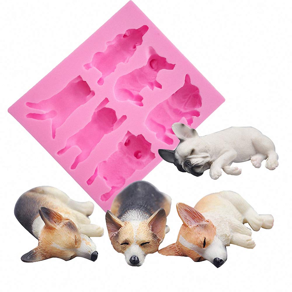 Fewo 6-Cavity Sleeping Dog Corgi And French Bulldog Silicone Mold For Fondant Chocolate Candy Gum Paste Polymer Clay Resin Kitch
