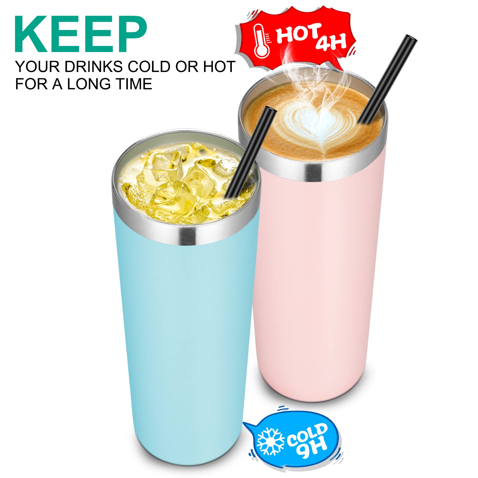 Vegond Stainless Steel Skinny Tumbler, 20 Oz Vacuum Insulated Tumbler With Lid And Straw, Double Wall Coffee Cup, Travel Mug For