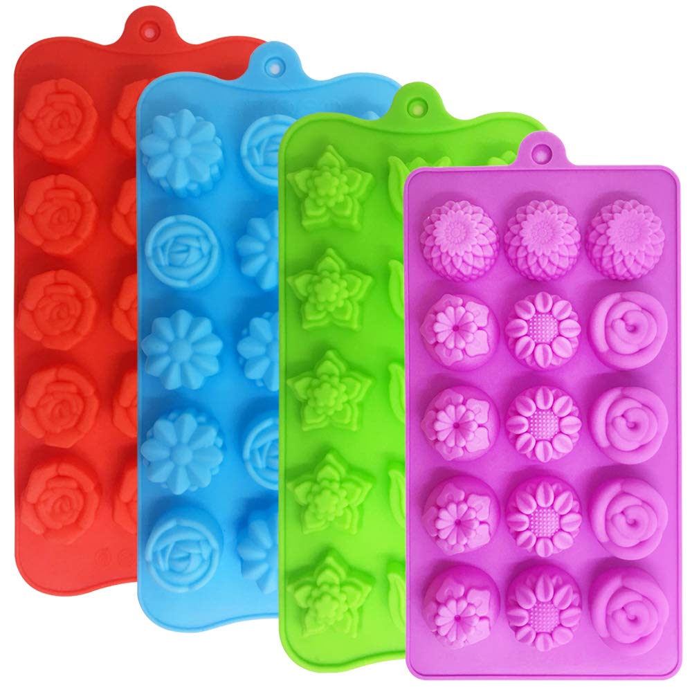 4 Pack Flower Shape Chocolate Candy Molds Set,Danzix Silicone 15 Cavity Baking Mold Ice Cube Tray For Wedding,Festival,Parties A