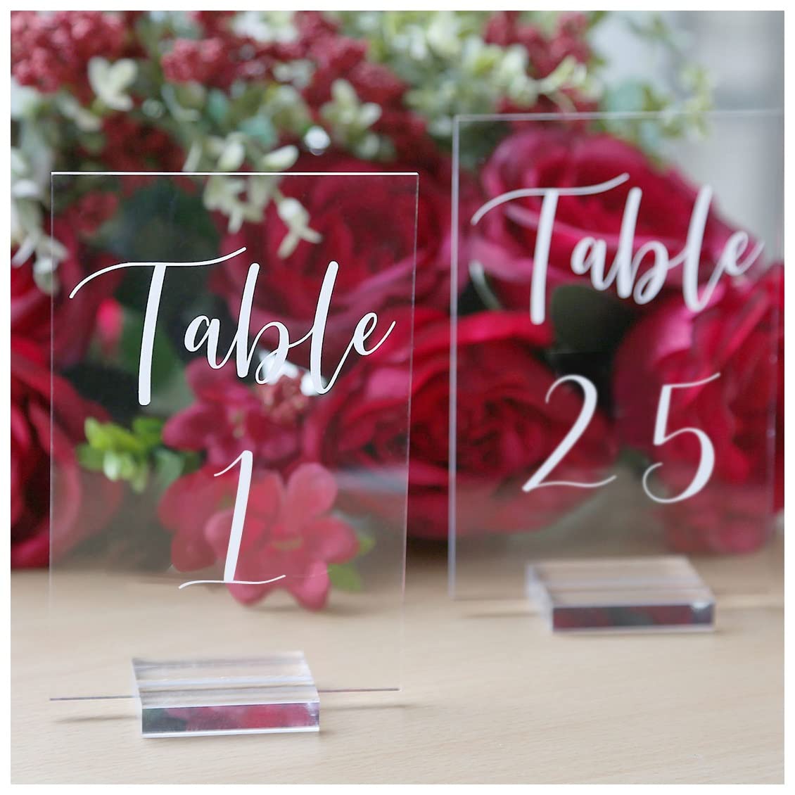 Uniqooo Acrylic Wedding Table Numbers 1-25 With Stands | 4X6 Inch Printed Calligraphy, Clear Table Number Signs And Holders | Pe