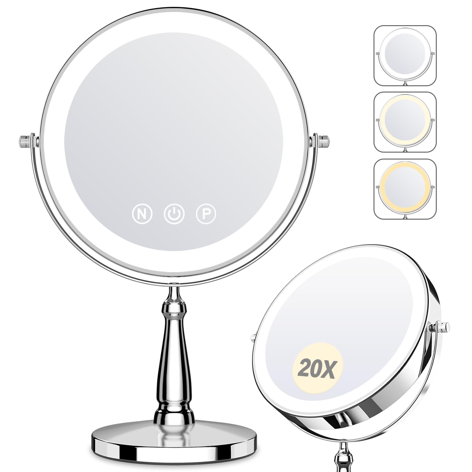 Lighted Makeup Mirror, 20X Magnifying Mirror With Light And 3 Colors, 9'' Tabletop Mirror With Stand And Adjustable Brightness,