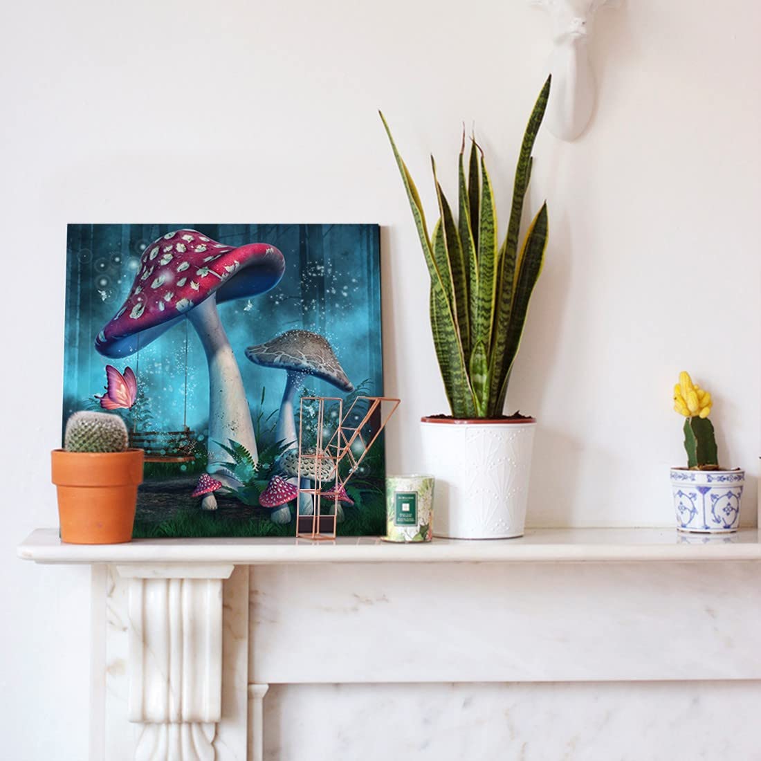 Magical Forest Wall Art Fantasy Mushroom Wall Decor Nature Landscape Plant Picture Butterflies Canvas Print Nursery Decor Fairyt