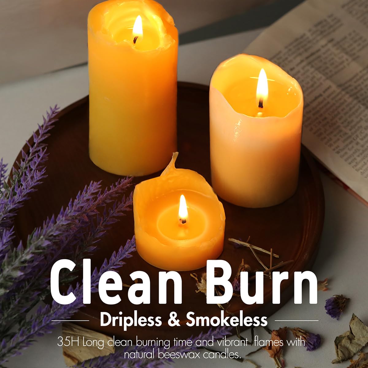 6 Packs Natural Beeswax Candles, 100% Pure Beeswax Pillar Candles for Emergency Prayer Home Decor, Bees Wax Candle for Relax, Sm