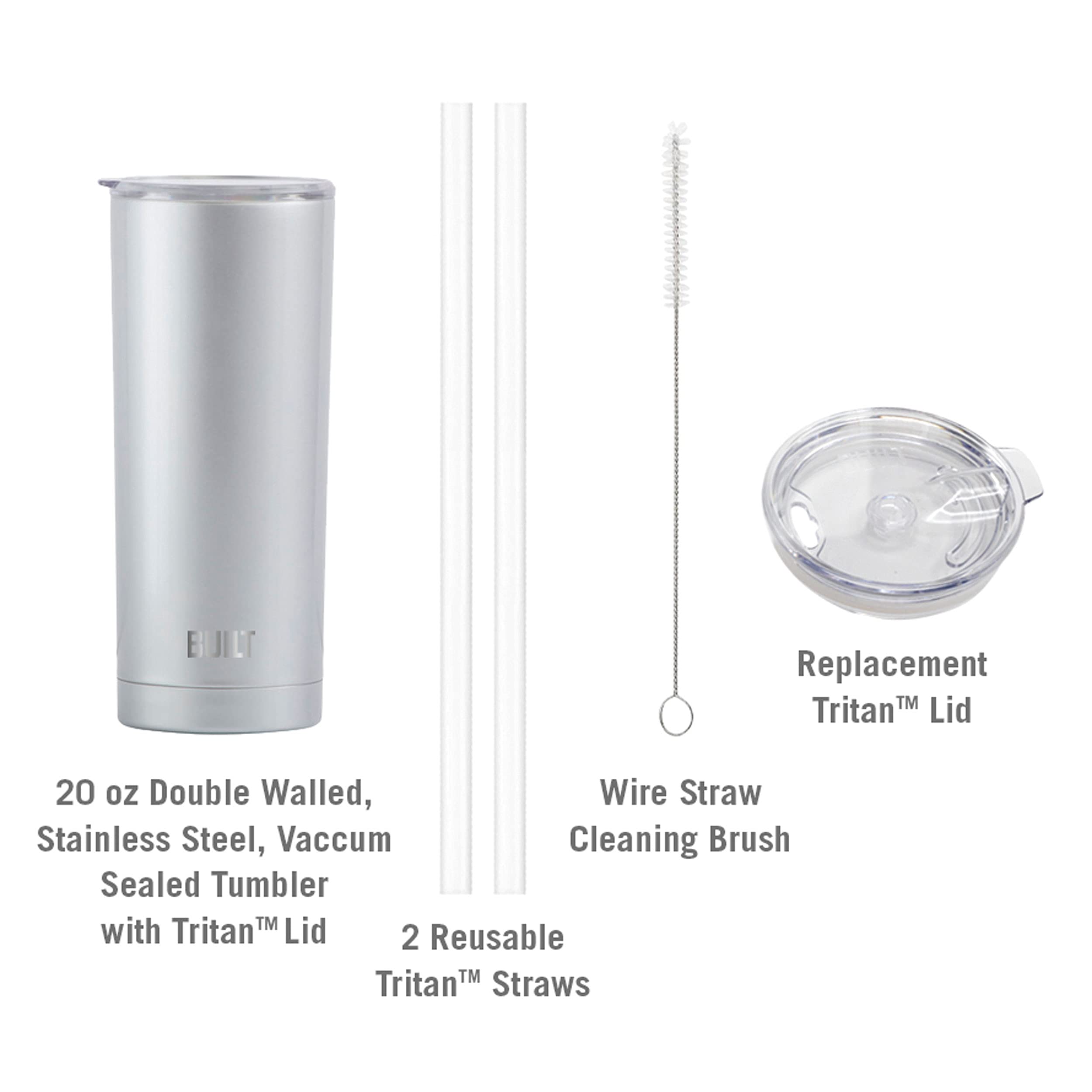 Built Double Walled Stainless Steel Tumbler Set With Replacement Lid, 2 Reusable Tritan Wire Straw Cleaning Brush In Gift Box, 1