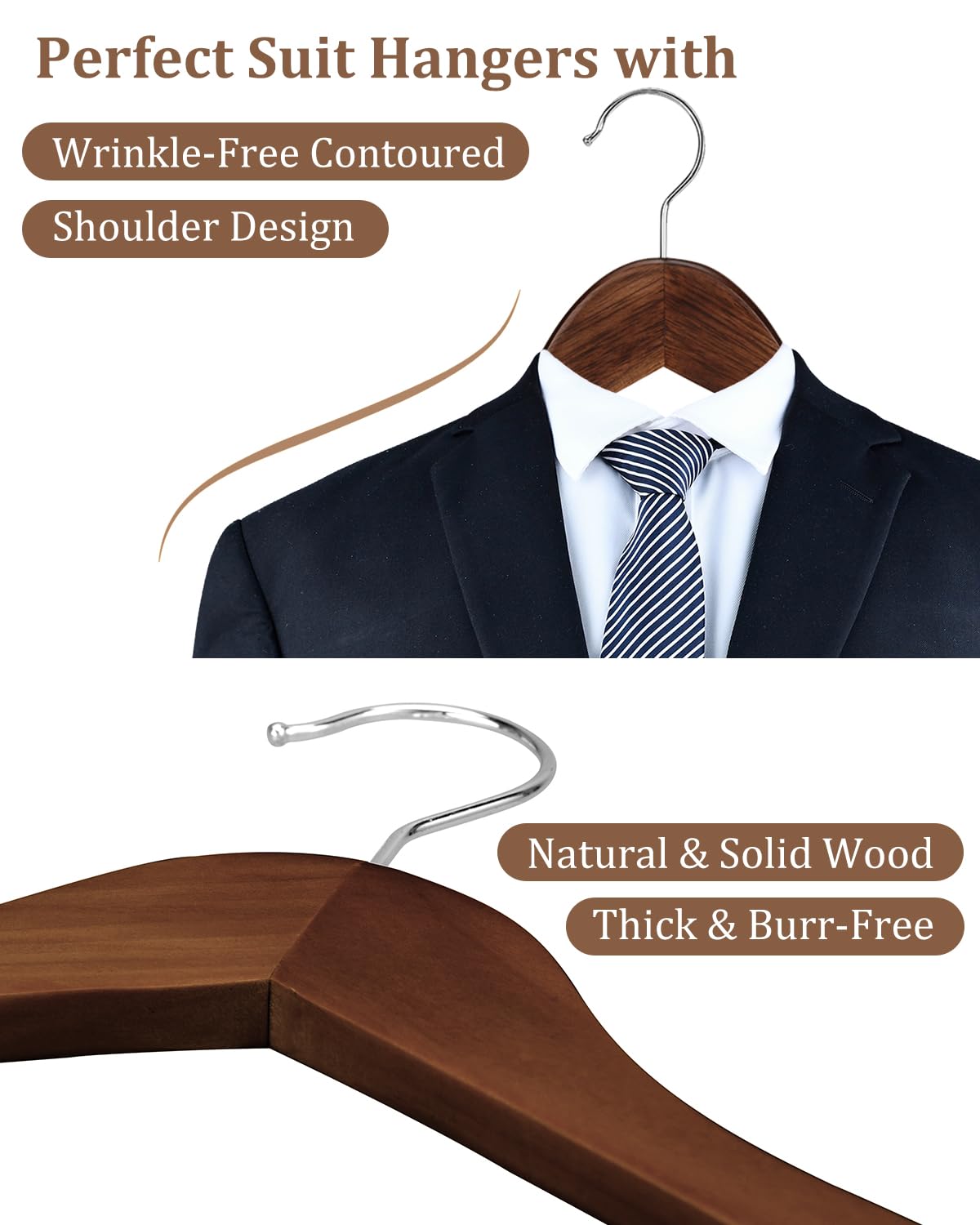 AMKUFO Wooden Hangers 20 Pack Wood Suit Hangers Non Slip Wooden Coat Hangers with Smooth Fnish Cut Notches 360? Swivel Hook Clothes Hangers for Jeans Pants Jackets Shirts Dresses  Walnut