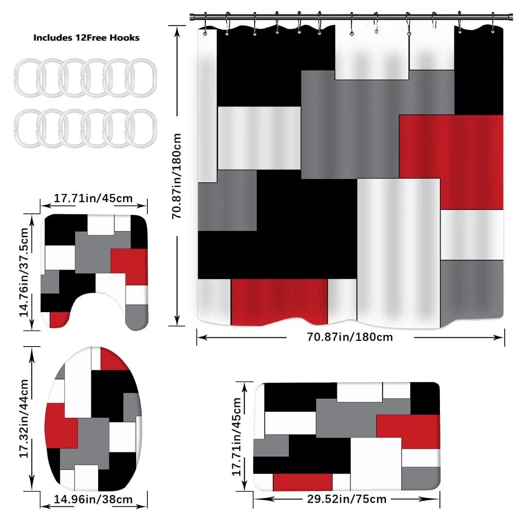 Yizheer Geometric Red Shower Curtain Sets with Non-Slip Rugs Toilet Lid Cover and Bath Mat  Black and Gray Bathroom Decor Set Accessories Waterproof Shower Curtains