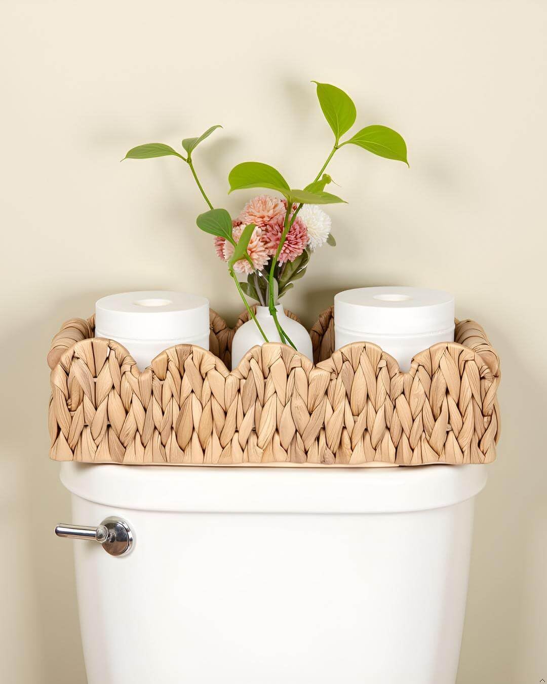 Kriitools Scalloped Decorative Toilet Paper Storage Basket, Wicker Rattan Farmhouse Rustic Home Decor Basket for Shelves Pantry